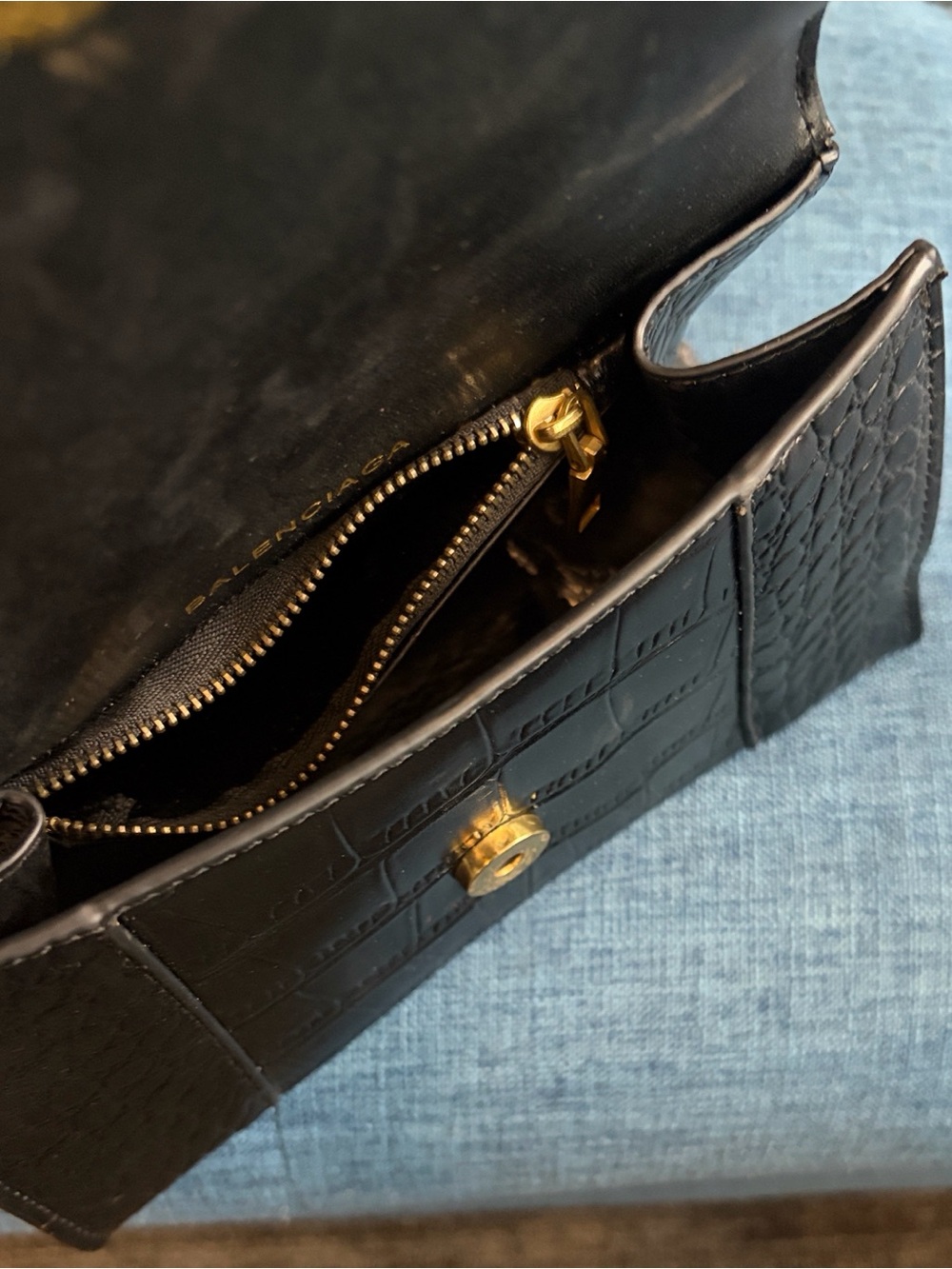 Black Croc-Embossed Mini Top Handle Bag with Gold 'B' - Picture 4 of 4